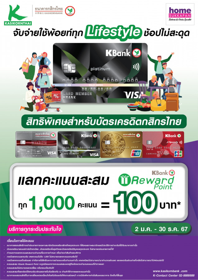 ธนาคารกสิกรไทย แลกคะแนนสะสม Reward point ทุก 1,000 คะแนน = 100 บาท*